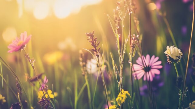 Colorful wildflowers are blooming in a sunlit meadow with a soft bokeh background, featuring various flower types and lush green grass during summer - Powered by Adobe