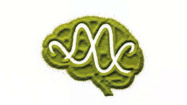 Benefits of matcha tea for brain and cognitive health concept, featuring matcha powder arranged in brain shape with alpha waves,  white background