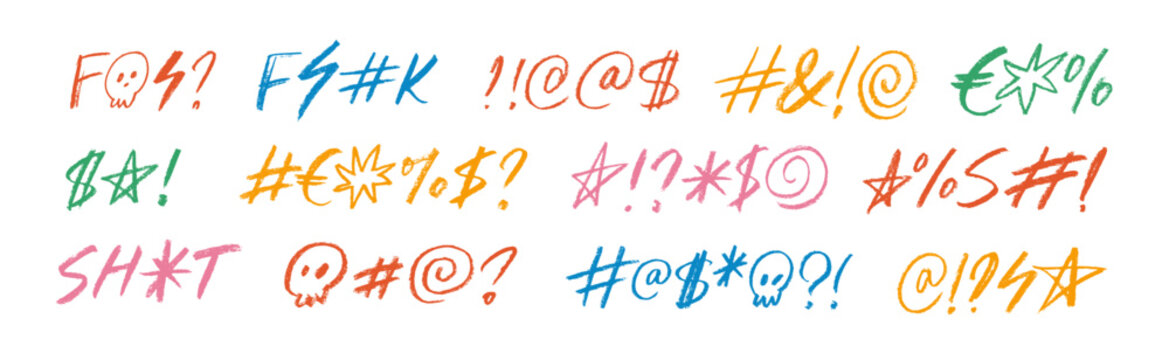 Colorful crayon swear words and curses lettering imitation collection. Hand drawn doodle lettering with skull, typography symbols, doodle character elements. Vector ink swear illustration.