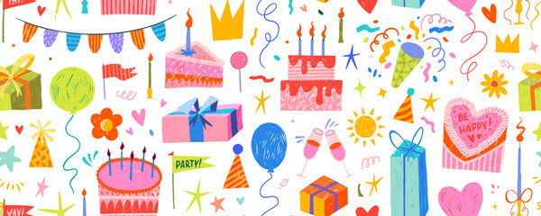 Obraz premium Colorful Birthday seamless pattern with crayon drawn gift boxes and cakes. Happy Birthday texture background with cute childish illustration, girly or Valentine's day holiday seamless pattern.