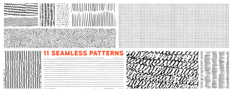 Hand drawn simple cute seamless pattern collection. Doodle crayon strokes, wavy lines and swirls, polka dot texture. Vector black ink illustration. Doodle childish texture collection. Freehand squiggl