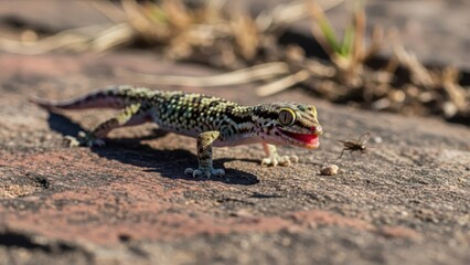 Obraz premium A small lizard with a red tongue is standing on a rocky surface in a natural outdoor setting.