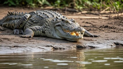 Obraz premium A large crocodile lies on the muddy bank of a body of water with its mouth open.