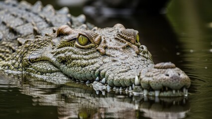 Obraz premium A close-up of a crocodile's head floating in murky water with its eyes and scaly skin visible.