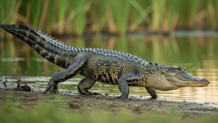 Obraz premium A large alligator walking on the muddy bank of a serene lake surrounded by lush greenery and tall reeds.