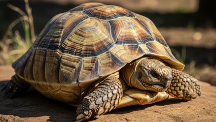 Obraz premium A close-up of a tortoise resting on a rocky surface in a natural outdoor setting.