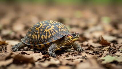 Naklejka premium A small turtle with a yellow and black shell walking on a bed of dry leaves in a forest