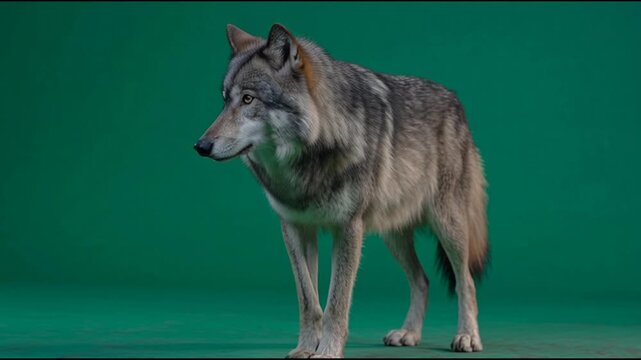 Gray wolf standing on green background.