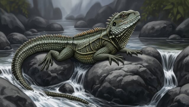 A large green lizard sits on a rock in a stream with water flowing around it in a natural rocky environment.