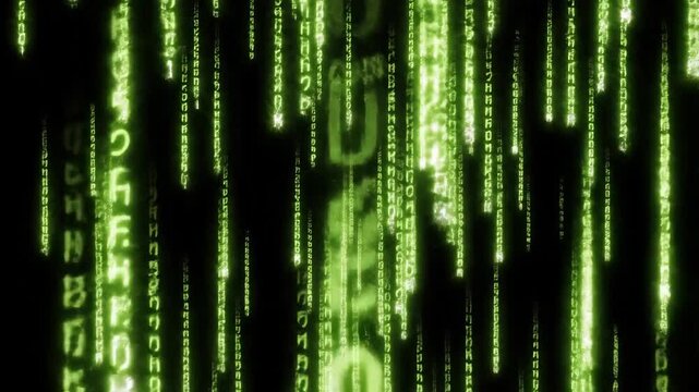 Abstract 3D animation of digital rain. Green code characters cascading down black backdrop. Virtual data stream visualization for technology concepts.