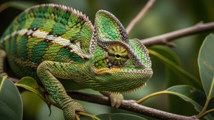 Fototapeta premium A vibrant green chameleon perched on a tree branch in a lush forest environment, showcasing its unique scaly skin and colorful appearance.