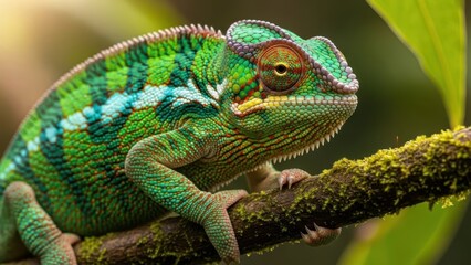 Obraz premium A vibrant green chameleon perched on a mossy branch in a lush forest environment, showcasing its colorful scales and unique features.