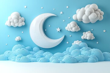 A whimsical 3d illustration depicting a large crescent moon surrounded by fluffy clouds and twinkling stars against a serene blue sky symbolizing dreams and nighttime wonder