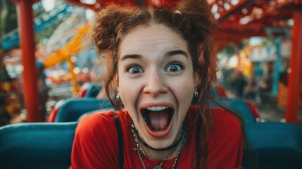 Excited young caucasian female enjoying roller coaster ride at amusement park.