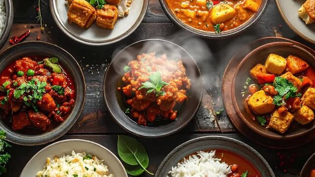 Overhead shot of various Indian dishes, showcasing a colorful and flavorful culinary experience.