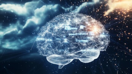3D illustration of a digital brain made of interconnected lines and nodes set against a cosmic background with glowing elements and abstract clouds