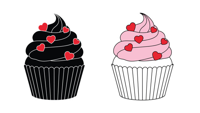 Two delicious cupcakes adorned with red hearts one dark and one light