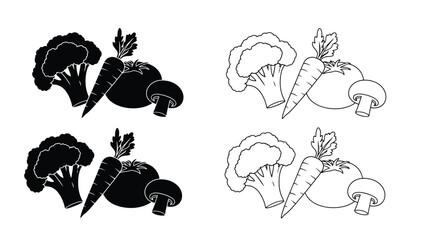 Black and white illustrations of broccoli carrots mushrooms and cauliflower