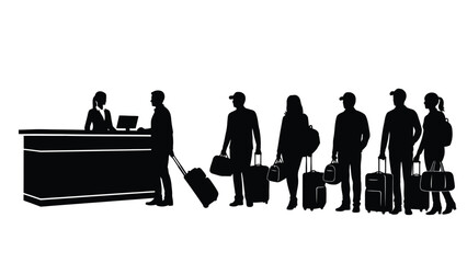 People checking in at a hotel reception desk with luggage