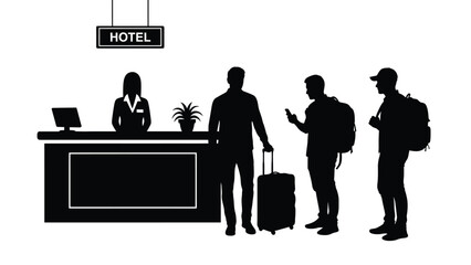 Hotel reception desk with guests checking in depicted in a black silhouette style