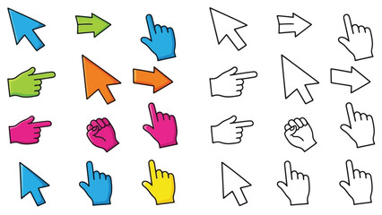 a collection of colorful and outlined hand and arrow cursor icons