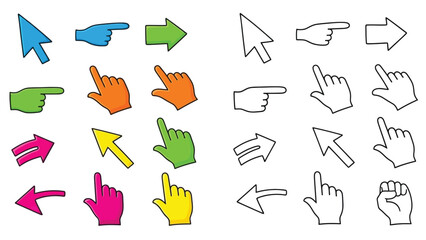 A collection of colorful and outline hand and mouse cursor pointing icons
