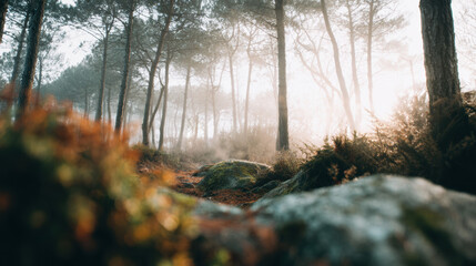 A misty forest scene bathed in soft sunlight filters through tall pine trees. Moss-covered rocks and earthy undergrowth create a peaceful, atmospheric landscape.