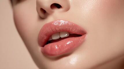 Fototapeta premium A closeup view of glossy pink lips with a smooth, radiant complexion. The image highlights sensual beauty and perfect makeup application.