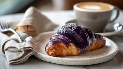 A flaky croissant glazed with vibrant purple icing and topped with lavender sits on a ceramic plate. Perfectly paired with a cup of coffee, this gourmet pastry delights the senses.