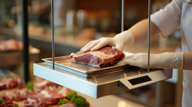 A butcher carefully weighs a fresh steak on a digital scale. Gloved hands ensure hygiene while preparing premium cuts of beef at the meat counter.