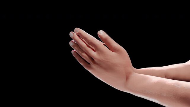 Cinematic moving light reveal: Female praying hands - ProRes 4444 ACES 2.0 3D render animation.