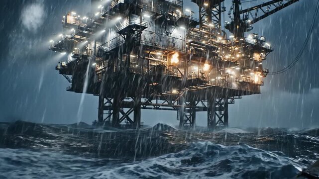Offshore oil platform enduring storm at sea. Low-angle view of rig battling massive waves and thunderstorm. Maritime energy structure in rough ocean conditions facing harsh weather.