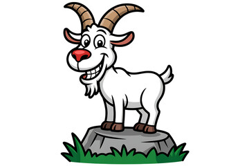 Smiling cartoon goat on rock, farm animal character