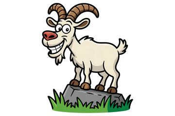 Smiling cartoon goat with braces on rock illustration