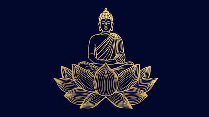 Golden Outline Meditating Figure on Lotus Flower Illustration. Spiritual Enlightenment, Inner Peace, Wisdom, and Serenity on Dark Blue Background.