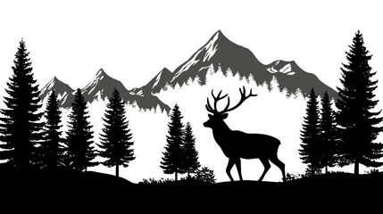 Majestic stag with large antlers silhouette in serene forest wilderness landscape with towering pine trees and mountain range