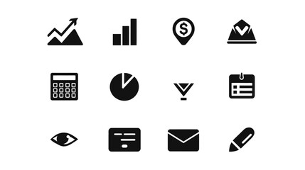 Modern black business, finance, analytics, and communication vector icons collection for web design, mobile apps, and interface UI elements