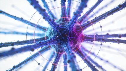 Abstract 3D Visualization of a Neural Network with Glowing Digital HUD Interface