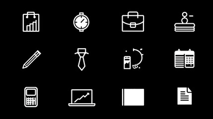 White line business and office icons set on black background, representing finance, management, corporate work, and administration
