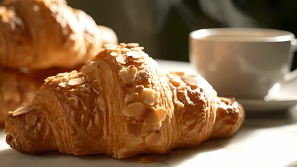 Fresh almond croissants and steaming coffee on a marble table, bathed in warm morning light. Ideal for bakery, cafe, gourmet breakfast, or cozy morning routine content.