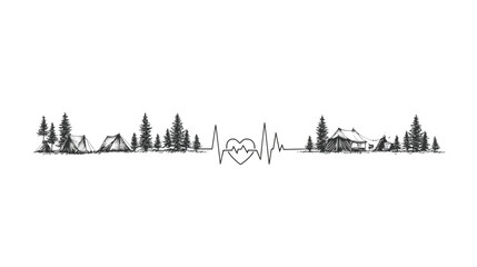 Outdoor Adventure Heartbeat Line Art: Forest Landscape with Camping Tents and Mountain Cabin Silhouette. Nature Lover Graphic.