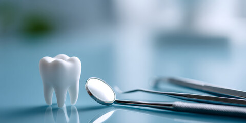 Close-up of a dental model tooth with reflective dental mirror and tools on a blue surface in a clinical setting