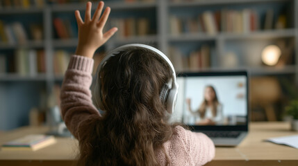 A child attends an online lesson on a laptop. Rear view: a school-age child with headphones, raising his hand at the table, a teacher on the screen, a home office with bookshelves, school education.