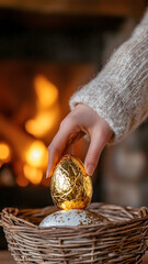Person places golden egg in basket near fire