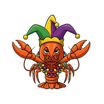 Mardi gras crawdad wearing jester hat isolated on transparent background