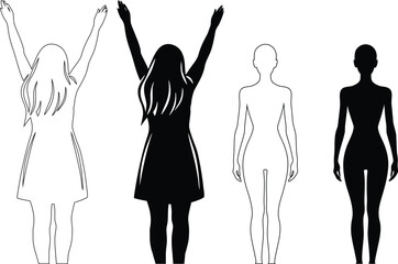 Female Body Silhouette Set Front and Back View Vector Illustration