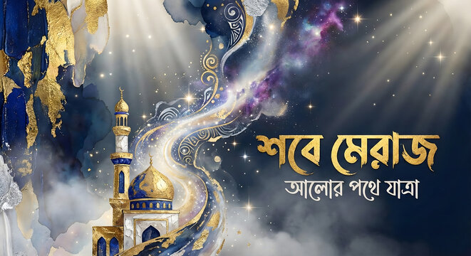 Shab-e-Meraj Bengali typography with abstract cosmic background and golden mosque illustration