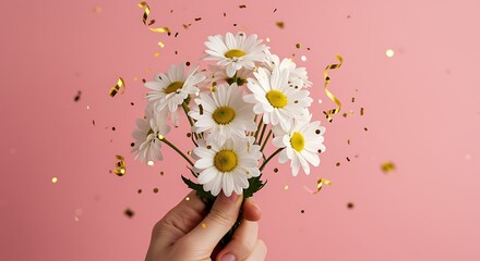 Hand holding white daisies with gold confetti on pink background