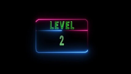 glowing neon Level-2 text inside banner on black background.Neon level up sign Game concept next level. 4k video - Powered by Adobe