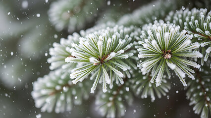 Snowy Evergreen Pine Branch with Falling Snow, Winter Nature Background